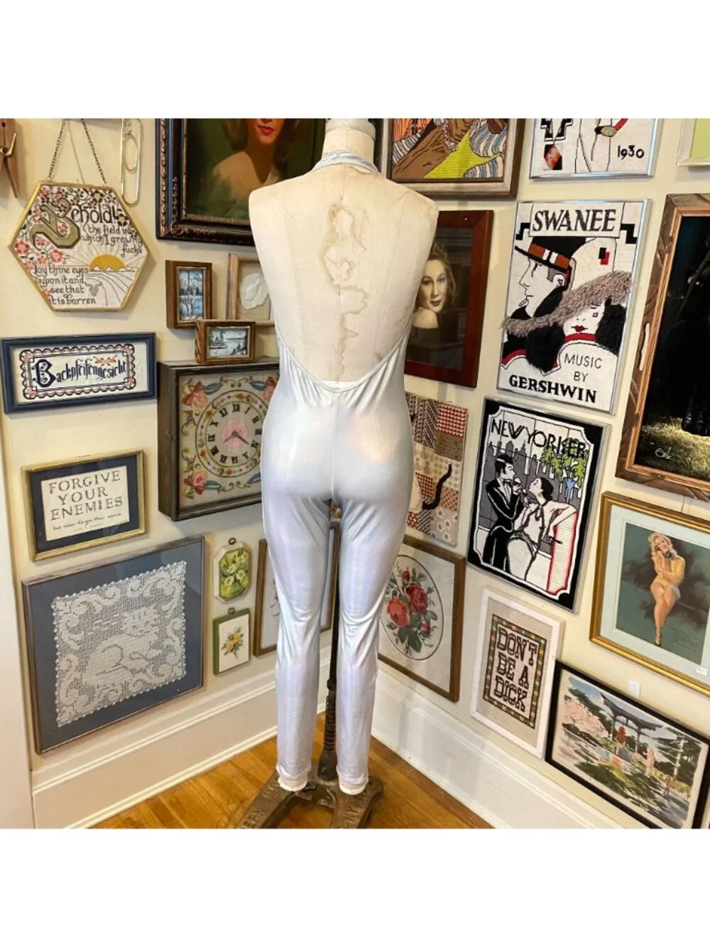 American Apparel Iridescent Silver Halter Neck Full Leg Unitard Bodysuit Size L - Picture 3 of 7